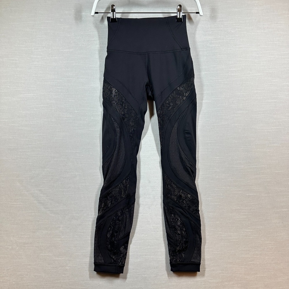 Lululemon Reveal Tight Zen Expression Women 2 Black Lace Mesh Yoga Leggings